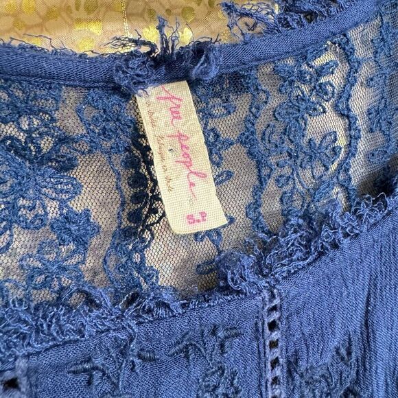 Free People Navy Blue Tiered Distressed Boho Lace Embroidered Dress Small - Picture 4 of 9